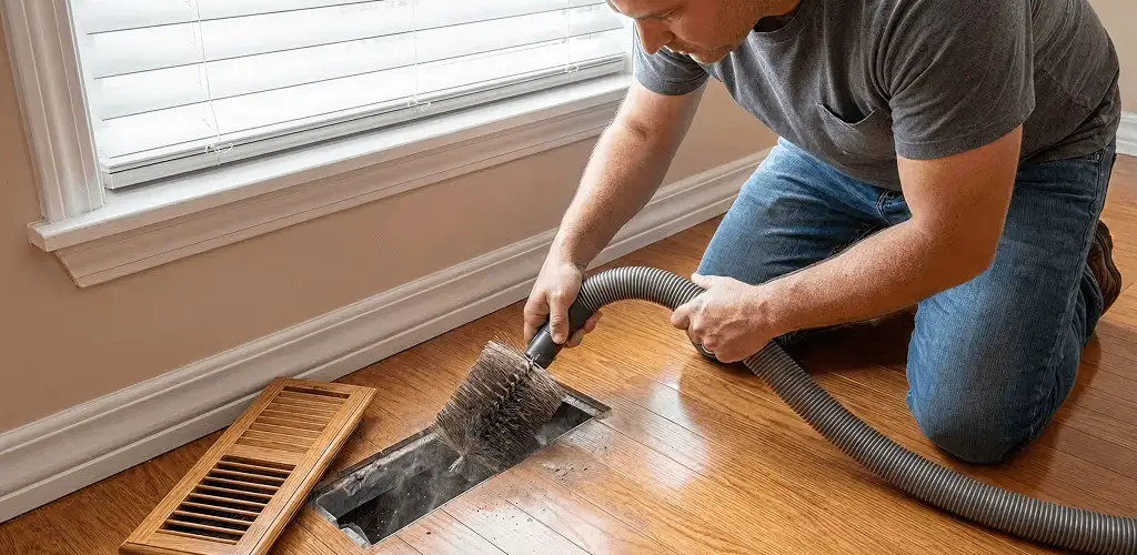Air duct cleaning technician vacuuming a floor vent and duct opening in Atlanta, GA