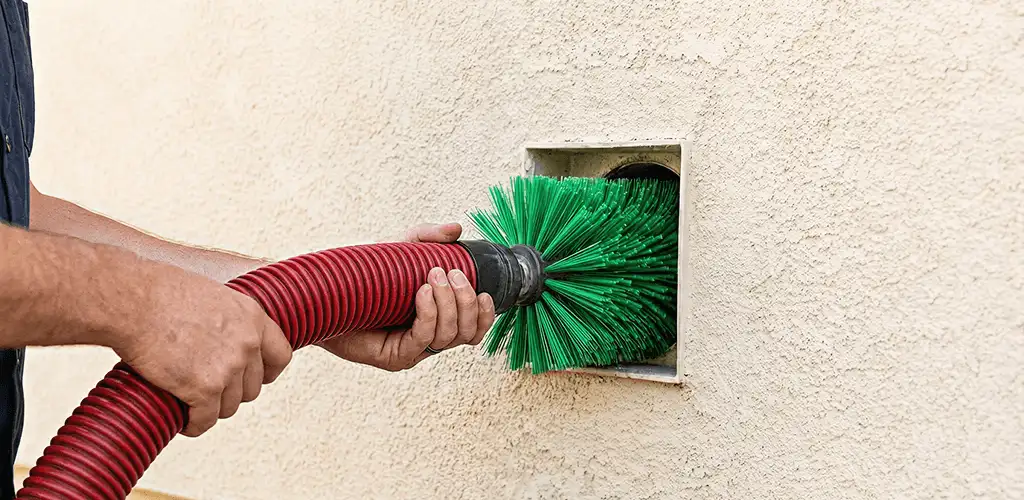 Air duct cleaning brush removing debris from a vent opening in Atlanta, GA