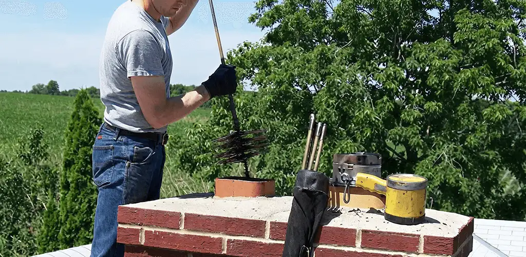 Chimney cleaning technician working on a rooftop chimney with professional tools in Atlanta, GA