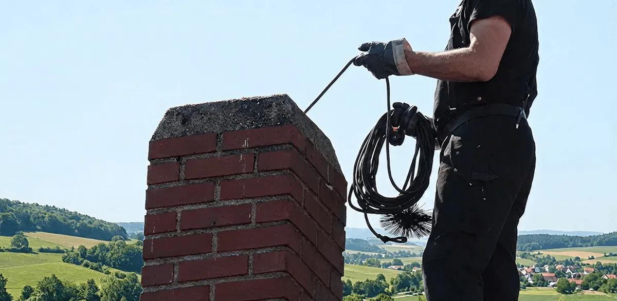 Chimney sweep inspecting and cleaning a rooftop chimney in Atlanta, GA