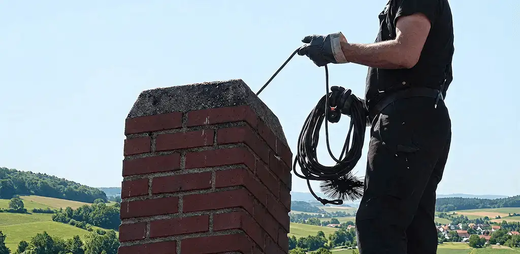 Chimney sweep inspecting and cleaning a rooftop chimney in Atlanta, GA
