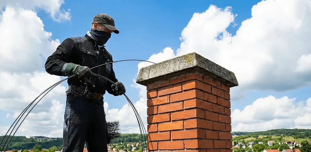 Chimney sweep cleaning a brick chimney with professional tools in Atlanta, GA