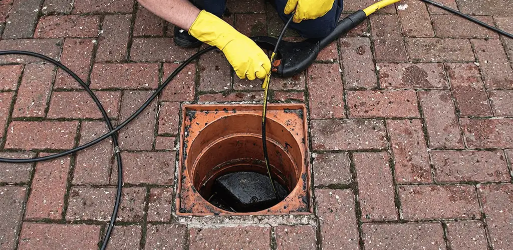 Drain cleaning technician using a drain snake to clear a clogged drain in Atlanta, GA