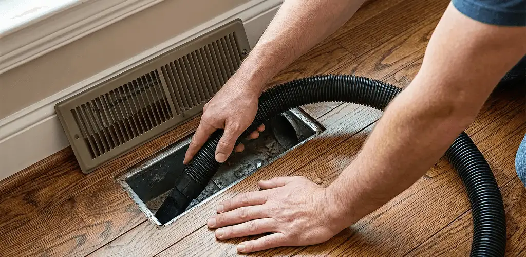 Air duct cleaning technician vacuuming a floor register and duct opening in Atlanta, GA