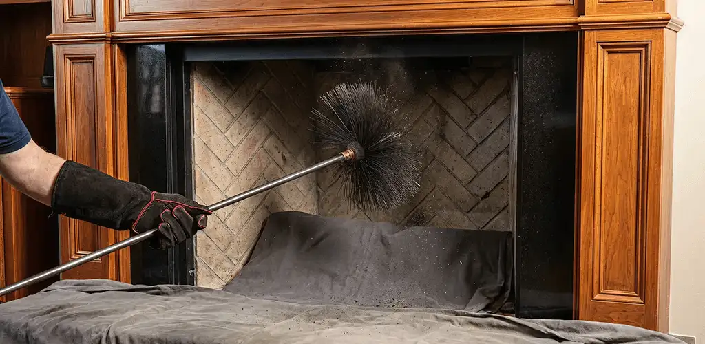 Chimney cleaning service brushing soot from a fireplace and flue in Atlanta, GA