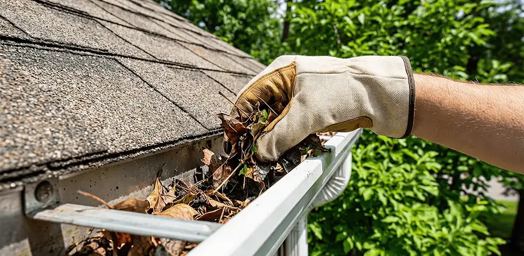 Gutter cleaning removing leaves and debris from roof gutters in Atlanta, GA