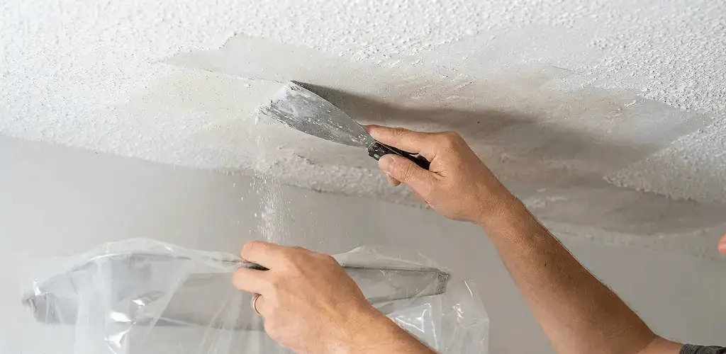 Popcorn ceiling removal technician scraping texture from a ceiling in Atlanta, GA