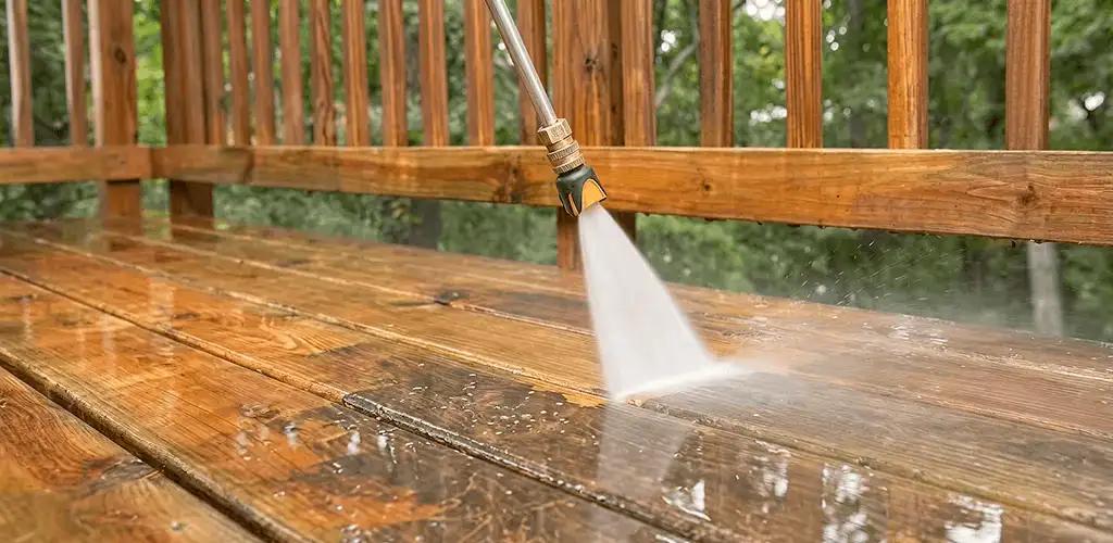 Pressure washing a wood deck to remove dirt and buildup in Atlanta, GA