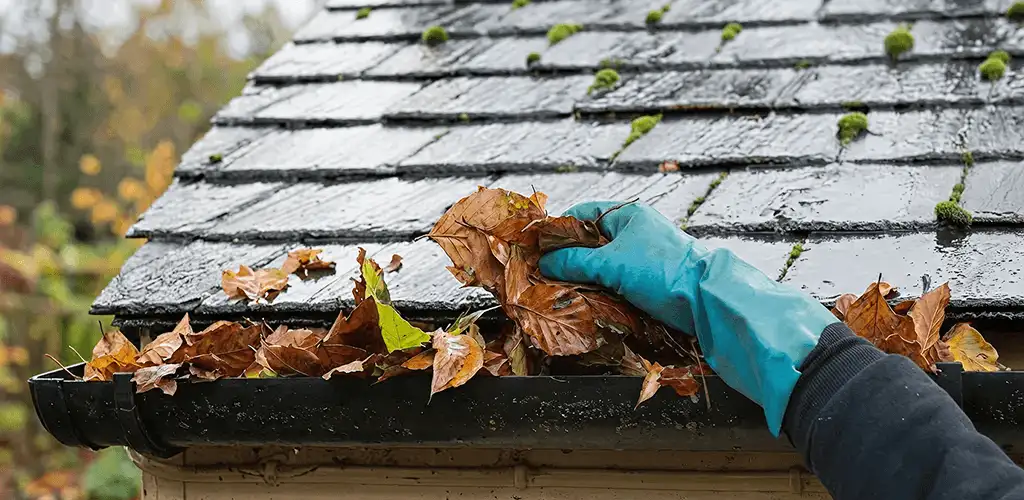 Gutter cleaning technician clearing wet leaves from roof gutters in Atlanta, GA