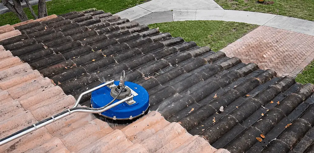 Roof pressure cleaning removing debris and buildup from roof tiles in Atlanta, GA