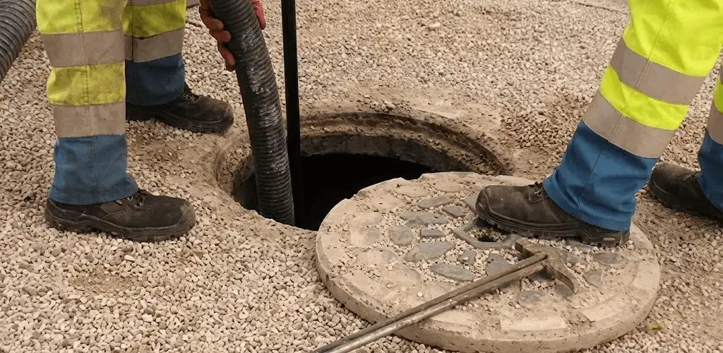Drain cleaning crew clearing a sewer access point with professional equipment in Atlanta, GA