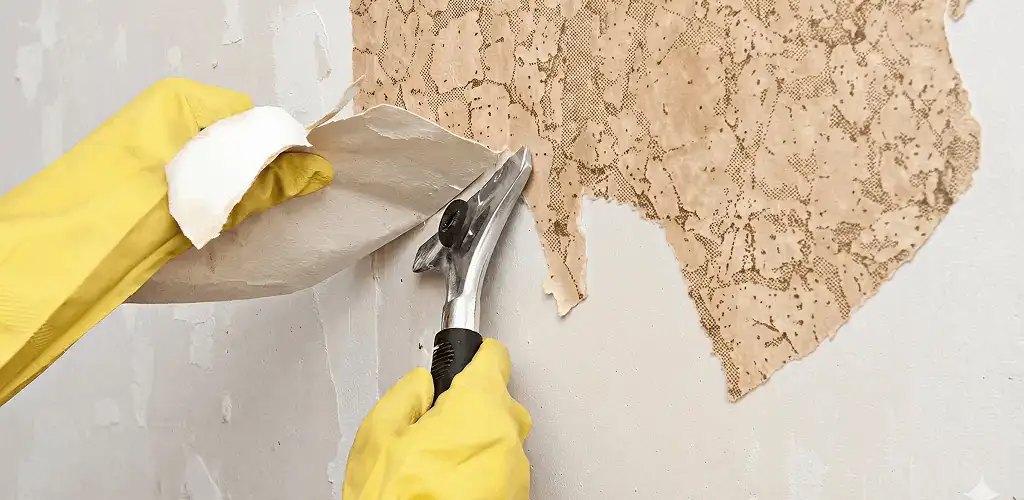 Wallpaper removal service stripping old wallpaper from a wall in Atlanta, GA